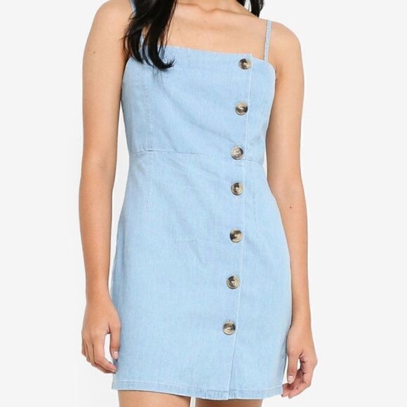 EUC✨ Topshop Moto Spaghetti Strap Denim Chambray Horn Button Mini Cotton Dress 4 - Picture 8 of 8